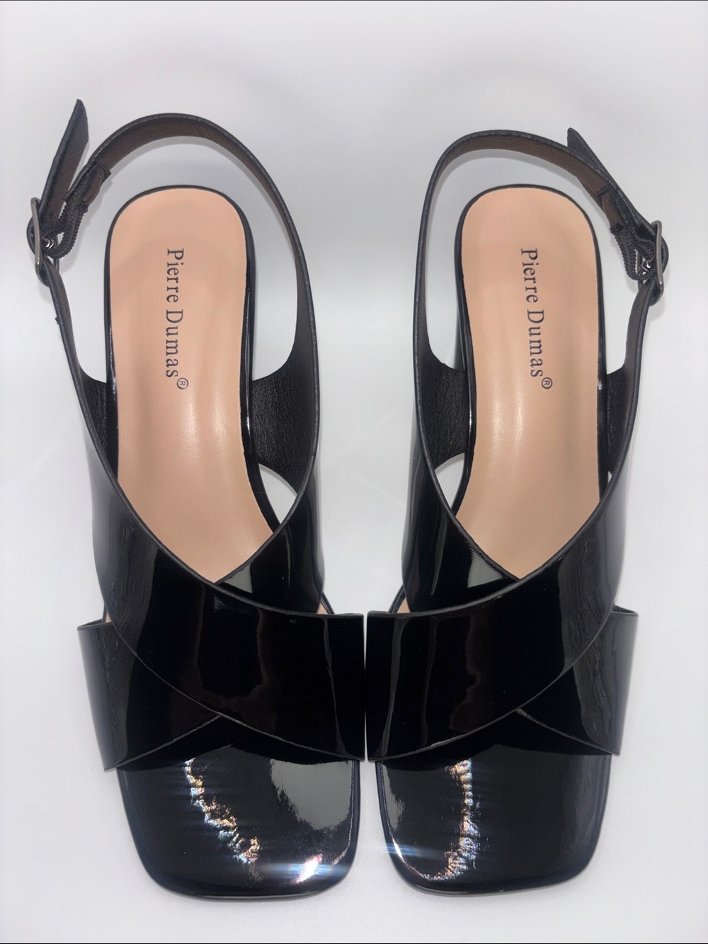 Pierre Dumas Black Patent Cross-Strap Slingback Block Heels